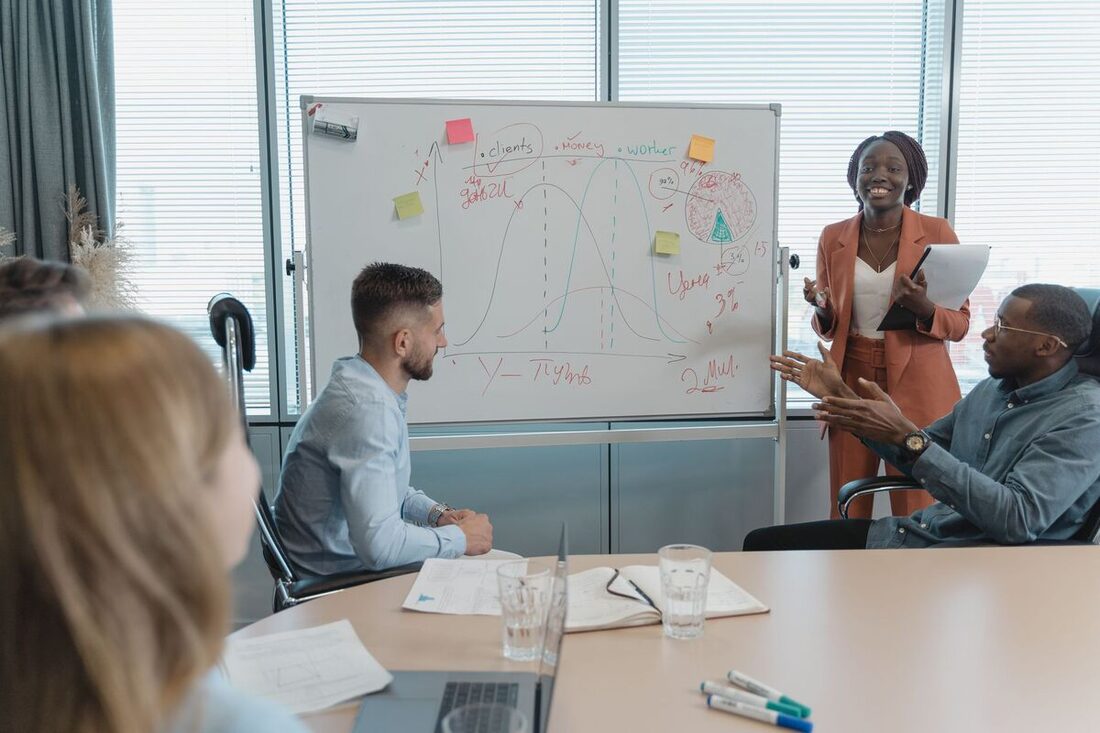 Consultant presenting strategy to a client team in a Nashville office