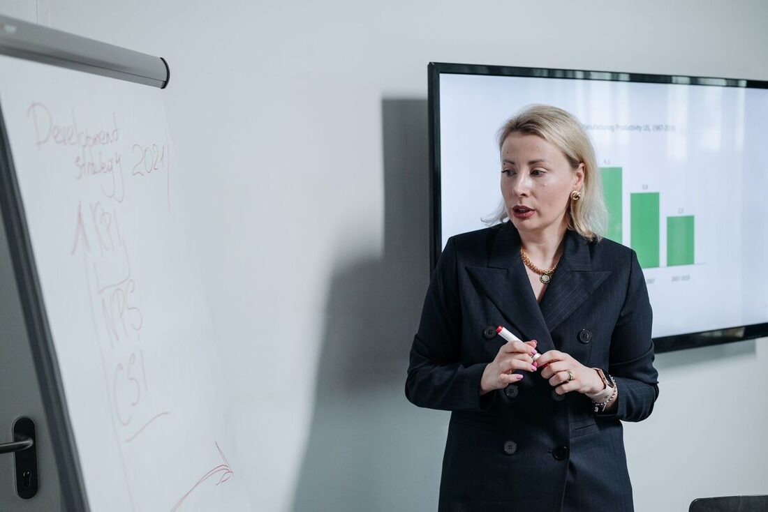 Consultant presenting a development strategy on a whiteboard