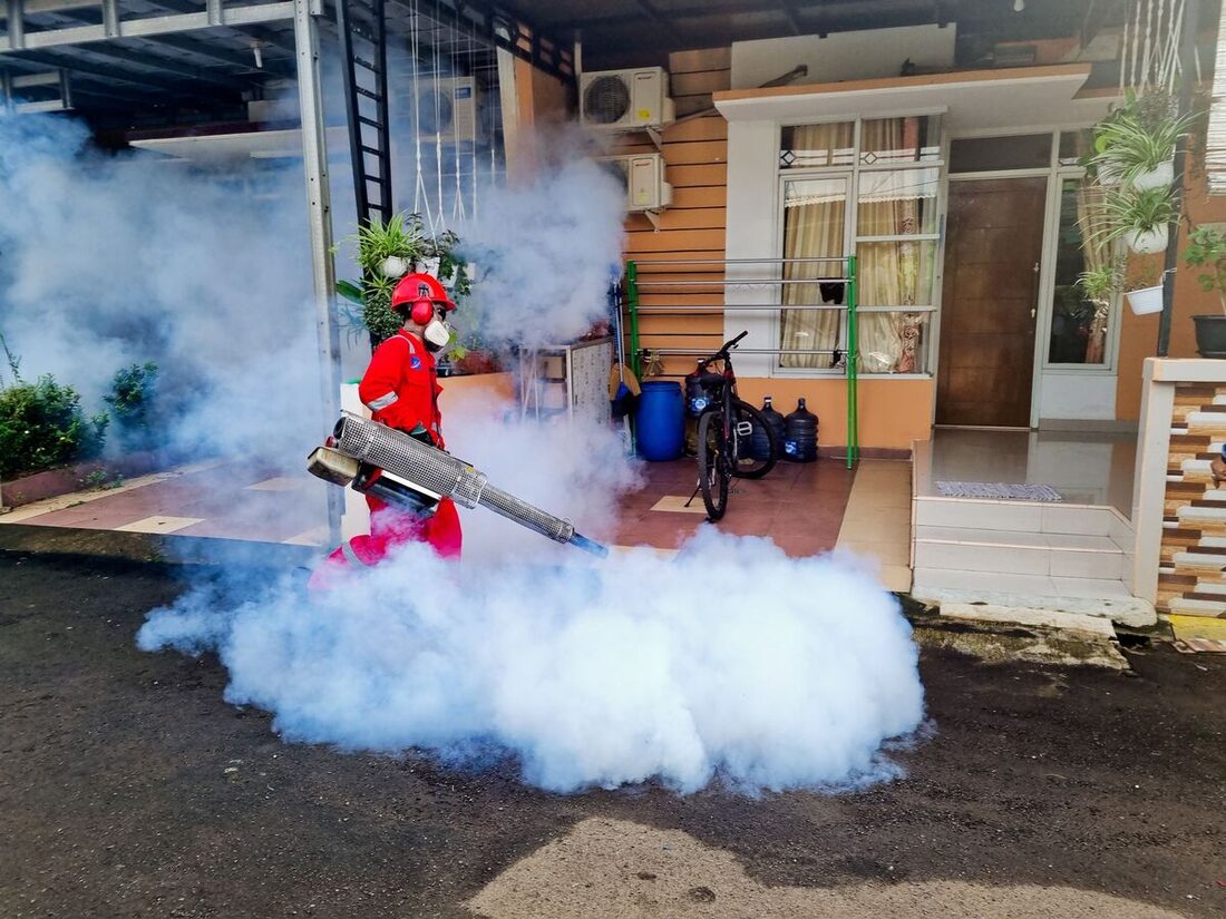 Pest control technician fogging the exterior of a home